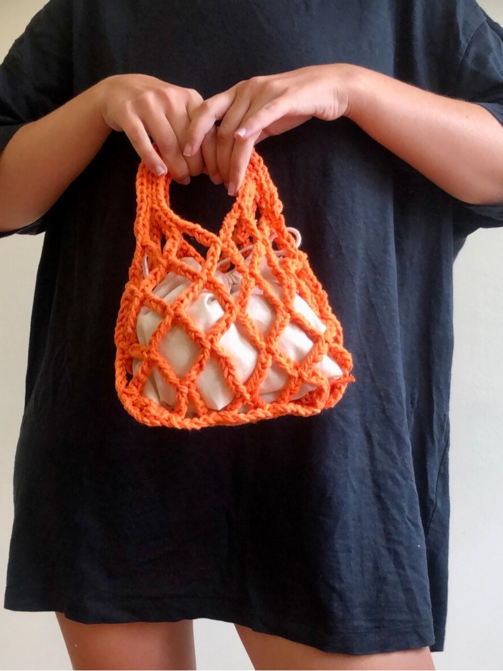 Crochet Hand-Knit Orange Net Statement Bag with Inner Pouch -